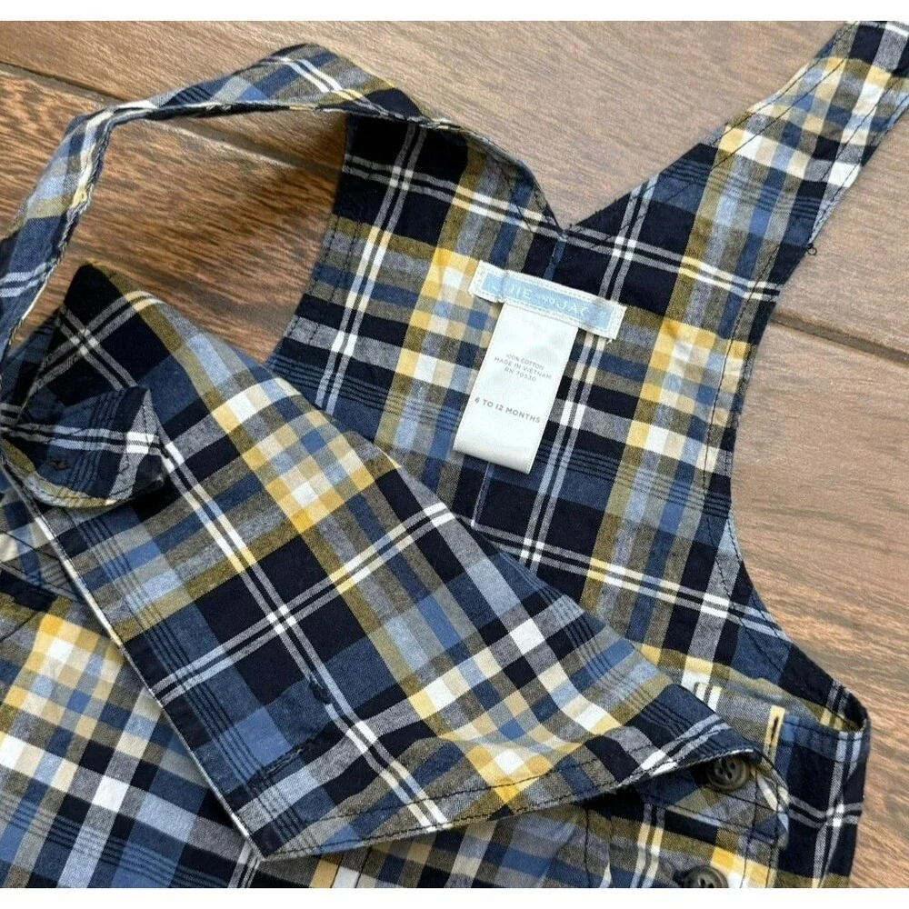 Janie Jack Baby Boy 6M-12M Plaid Overalls Blue Yellow Shortall 100% Cotton